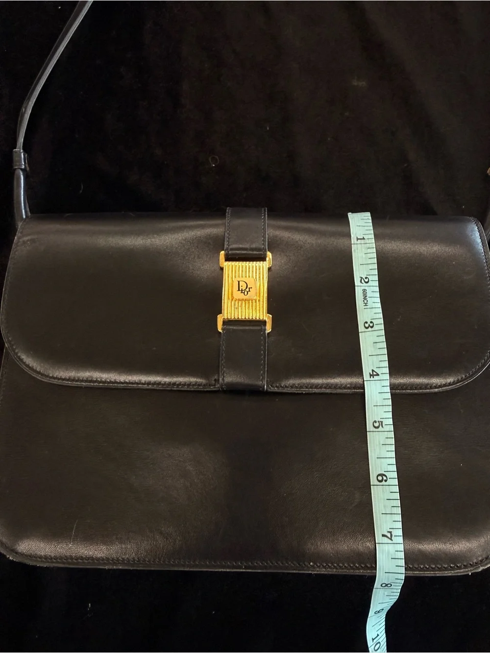 Vintage Dior Black Leather Messenger Bag with Gold Buckle